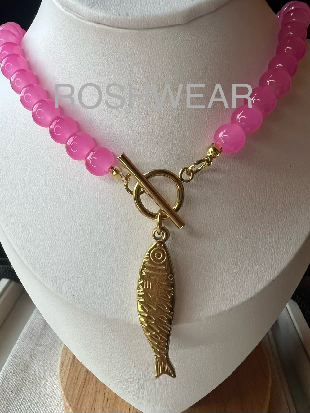 Pink Beaded Necklace with Gold Fish Pendant NWOT